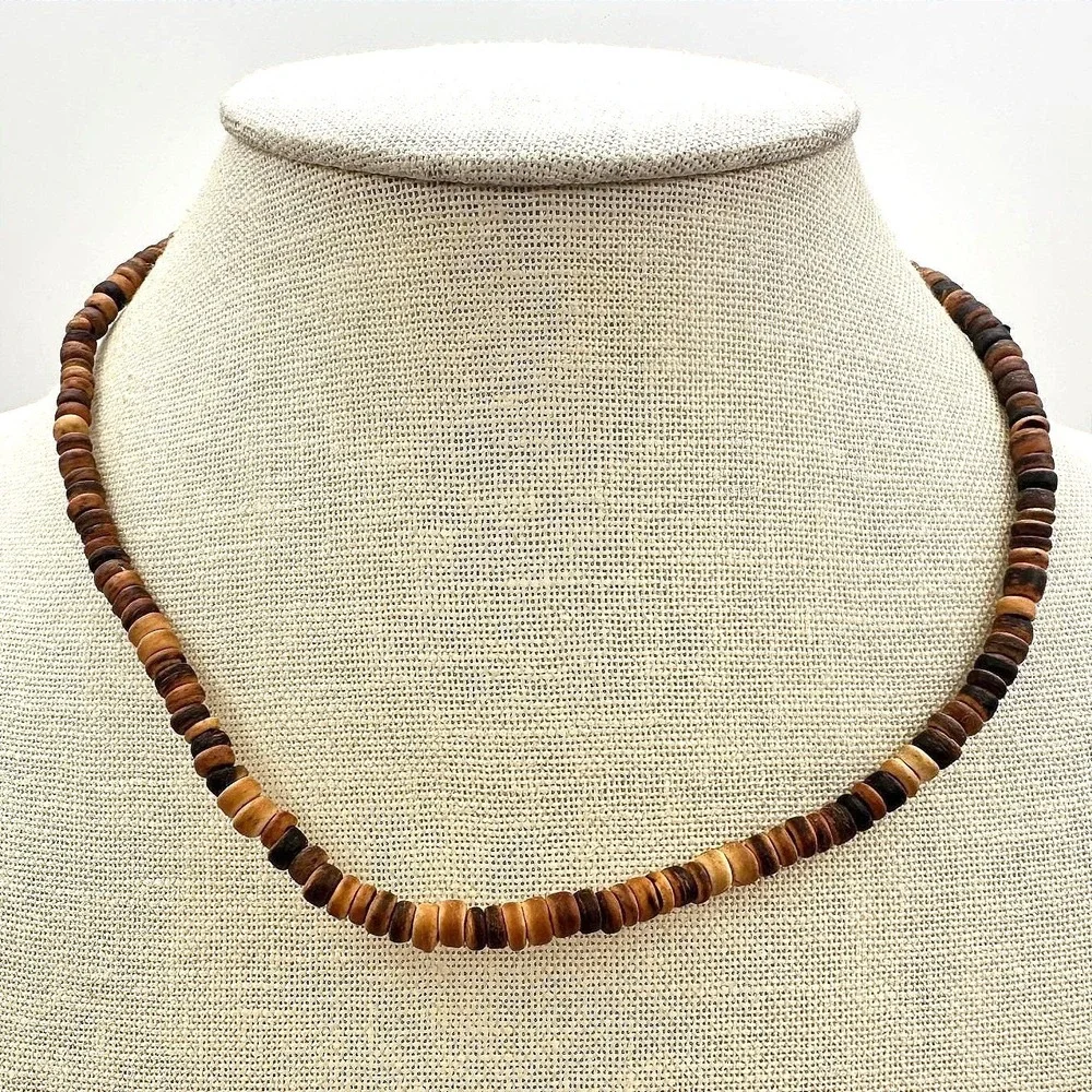 Vintage 90s‎ Wooden Heishe Beaded Necklace Women's Minimalist Retro Jewelry Boho
